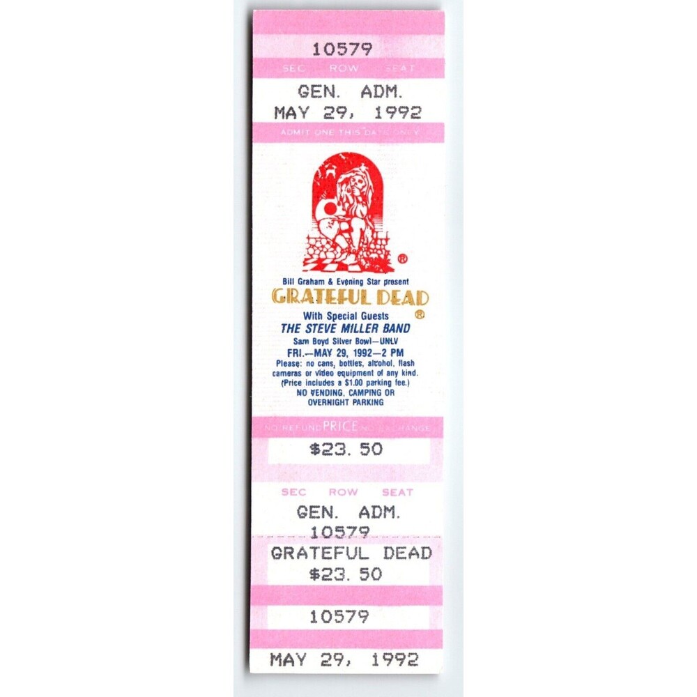 Grateful Dead Vintage UNUSED Concert Ticket Steve Miller Band Jerry Garcia 1992